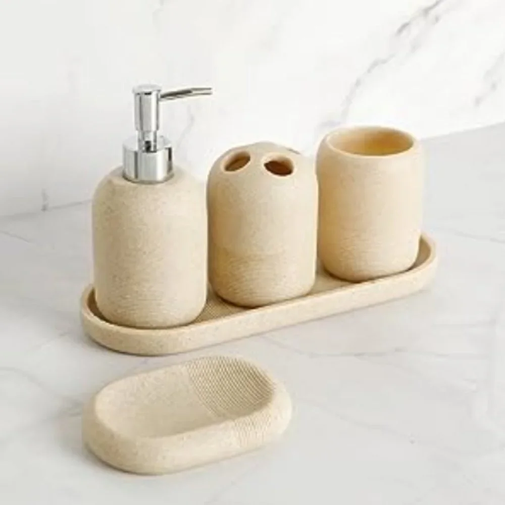 5 pc - Bathroom Accessory Set - Bathroom Decor  (Natural/Stone)